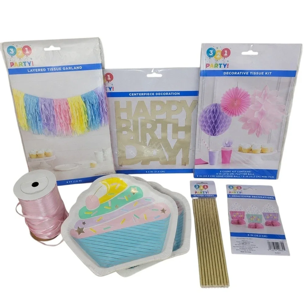 3-2-1 Cupcake Birthday Party Decoration Bundle Pastel Garland Plates Straws Etc
